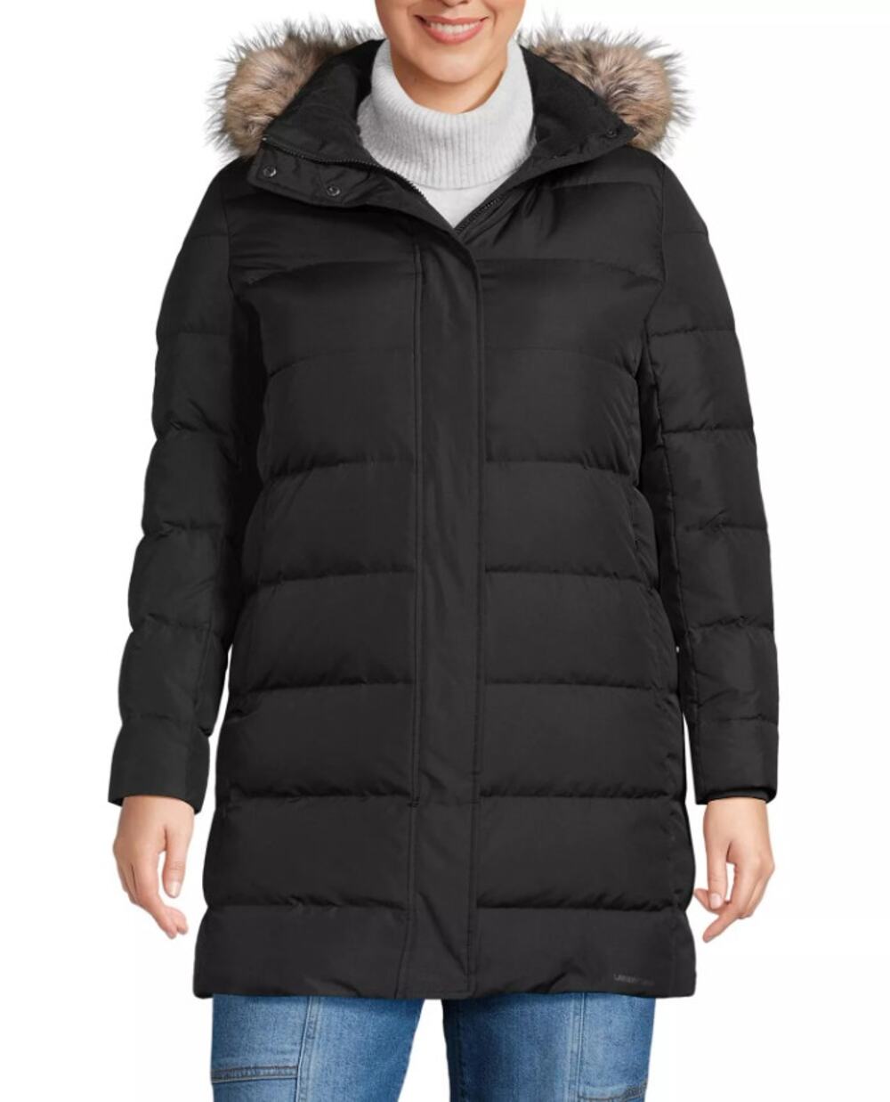 Lands' End Black Down Puffer Coat Long Max 600 Faux Fur Hood Womens Parka M